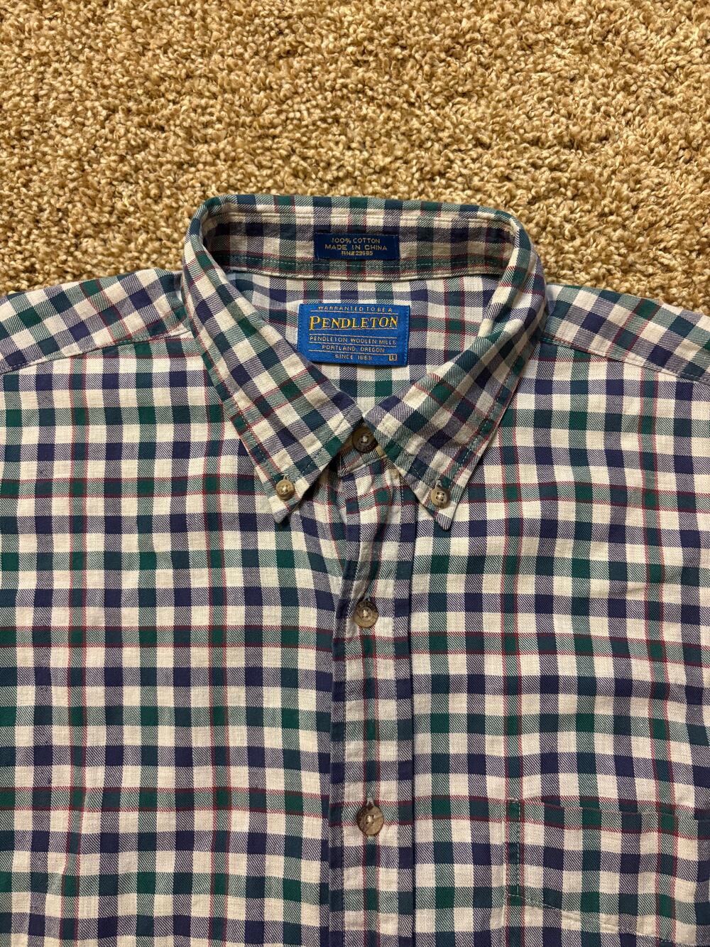 Pendleton Wool Mills Plaid Button Down Shirt Mens Size Large Blue Green